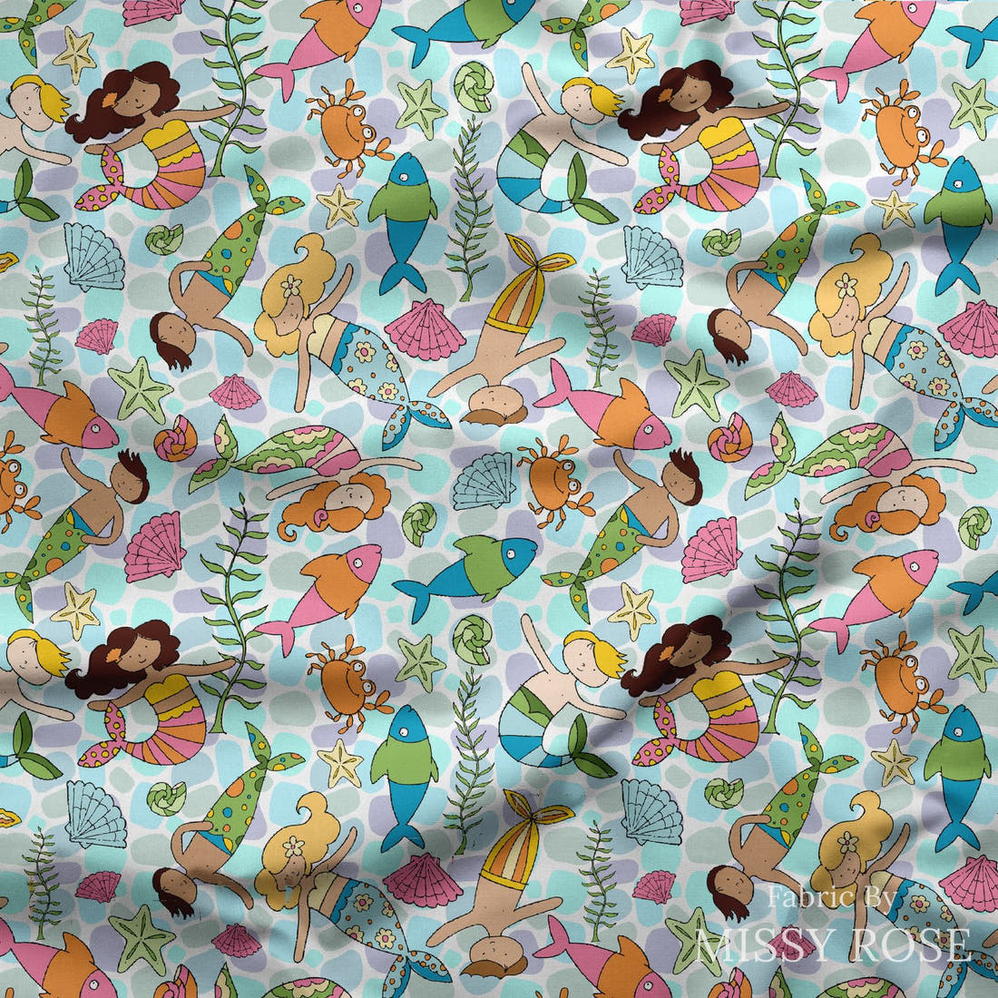 Design 973 Merfolk Fabric draped fabric mockup – custom printed fabric by the metre | Fabric by Missy Rose