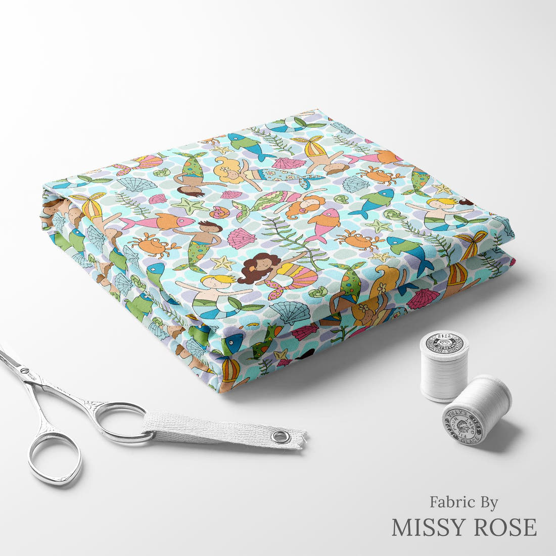 Design 973 Merfolk Fabric folded fabric stack with matching thread – pre-order fabric Australia | Fabric by Missy Rose