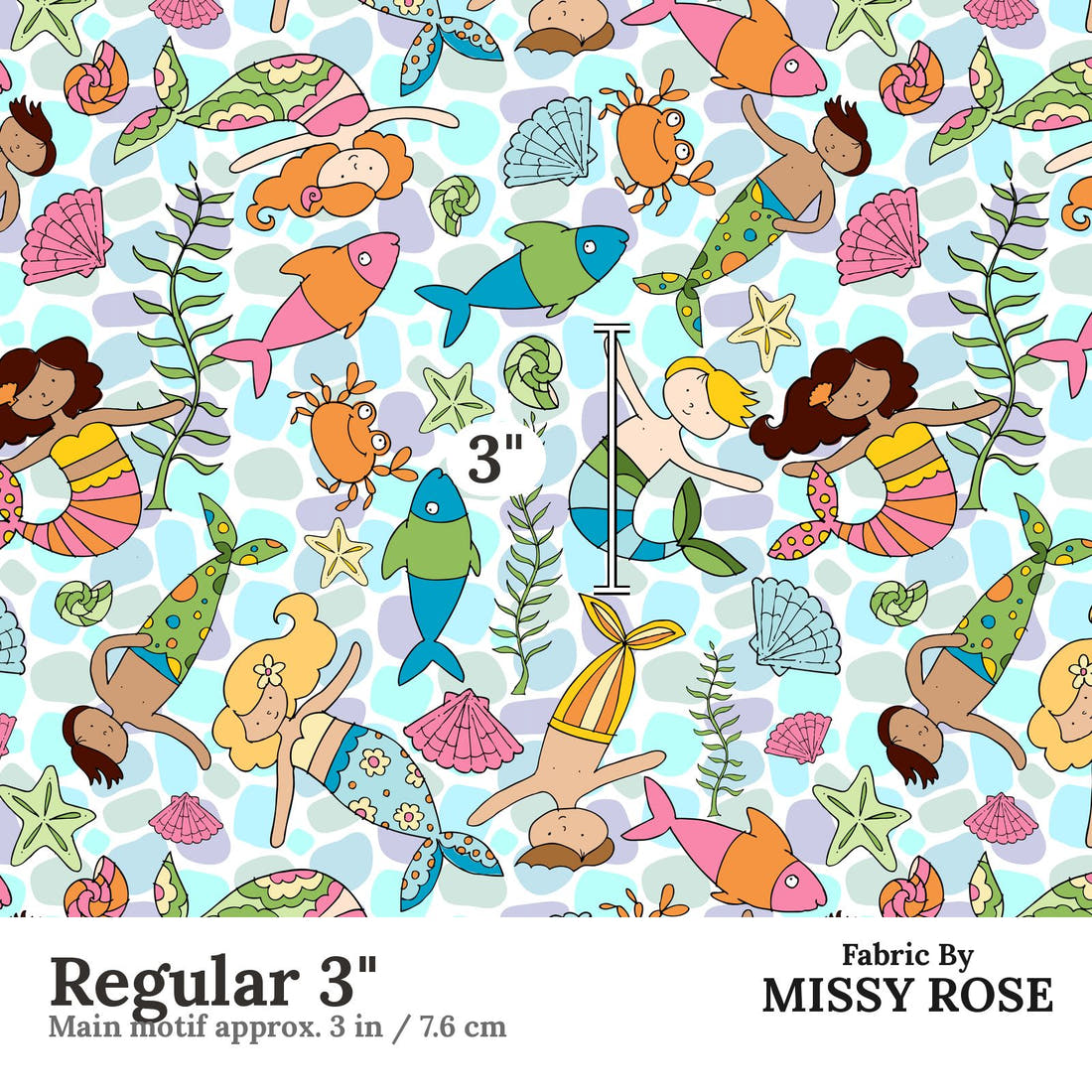 Design 973 Merfolk Fabric Regular 3 inch print scale guide | Fabric by Missy Rose