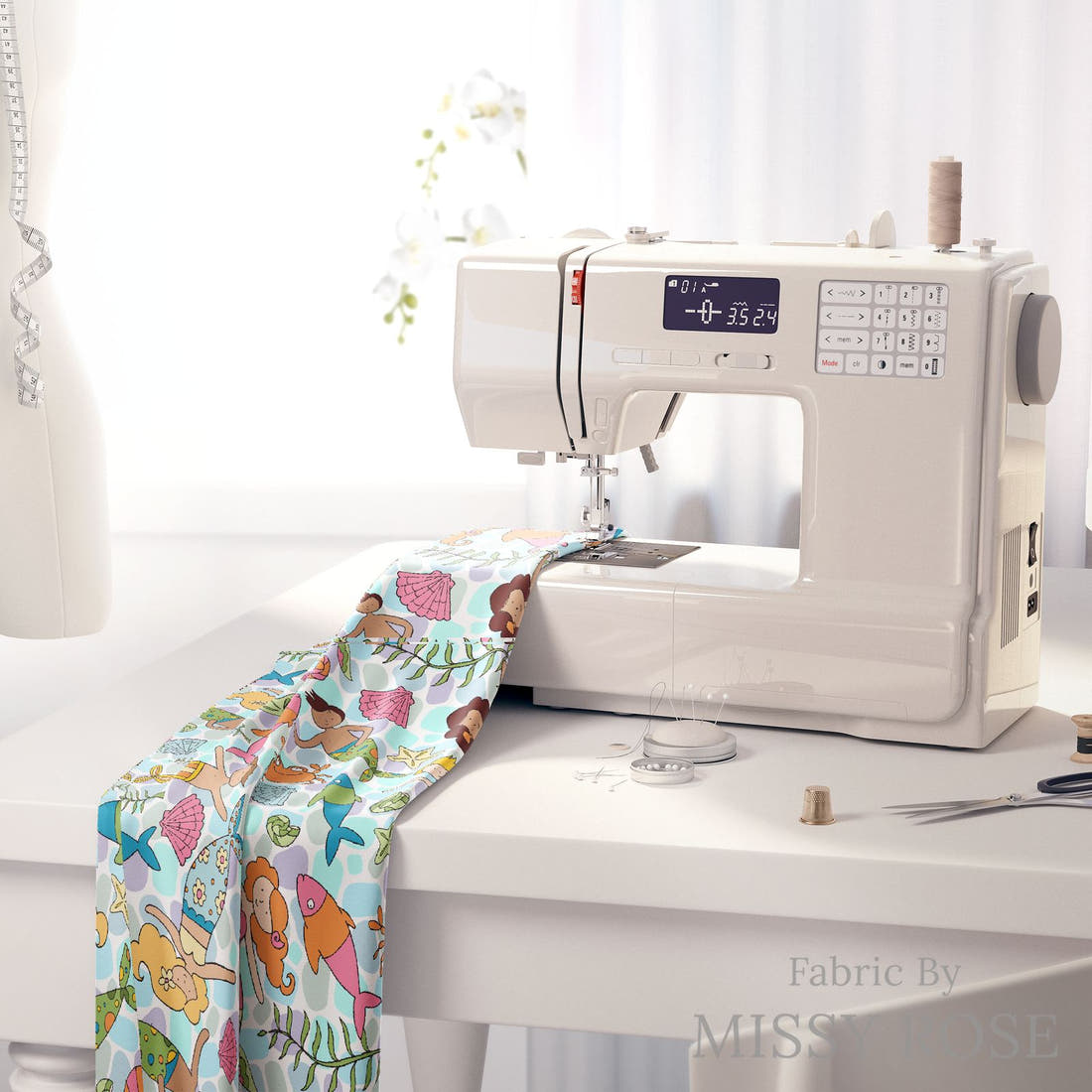 Design 973 Merfolk Fabric on a sewing machine – premium fabric for sewing projects | Fabric by Missy Rose