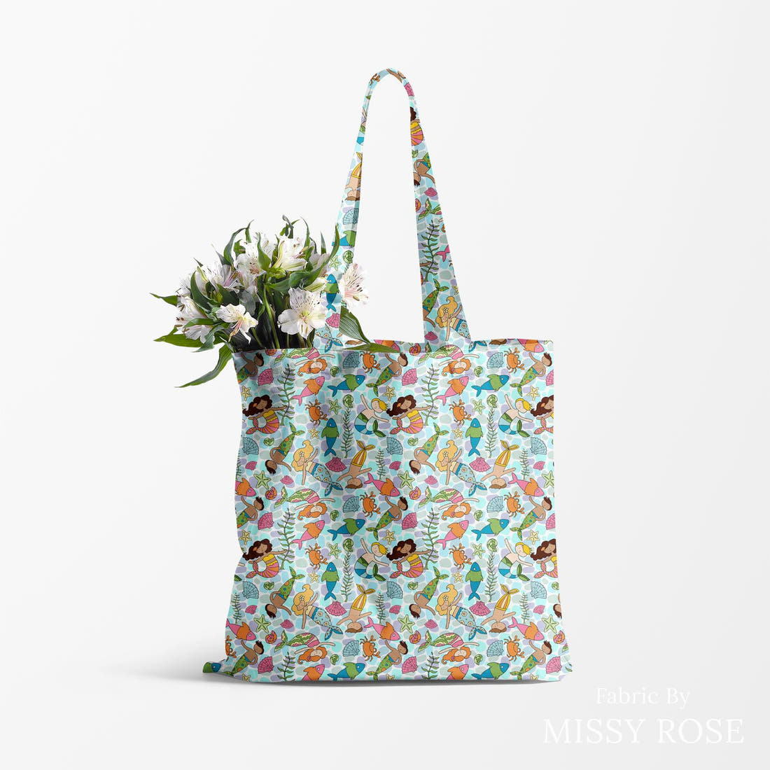 Design 973 Merfolk Fabric made up as a tote bag – see how the print looks made up | Fabric by Missy Rose