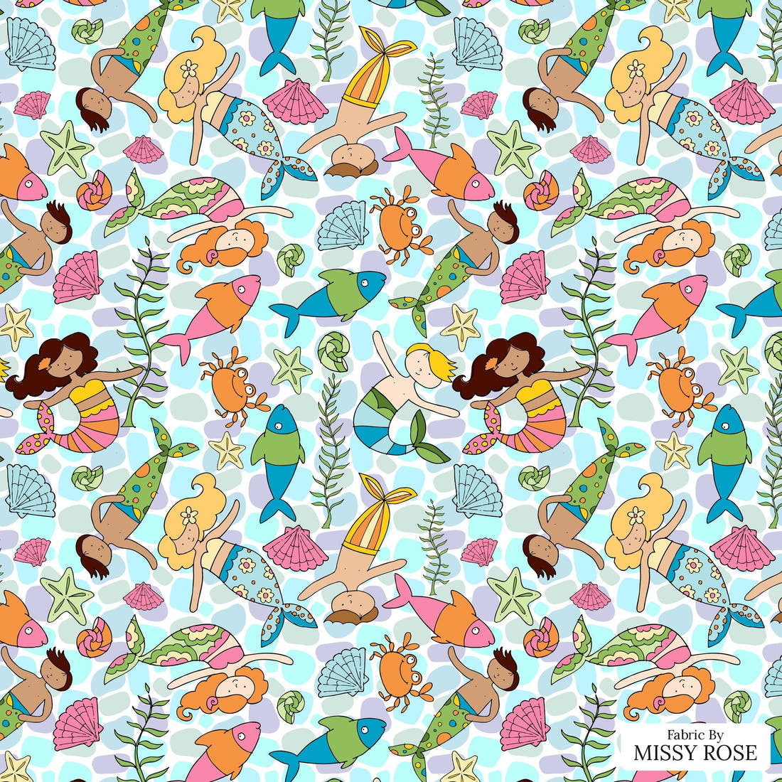 Design 973 Merfolk Fabric – flat view of the print, zoom in for detail | Fabric by Missy Rose