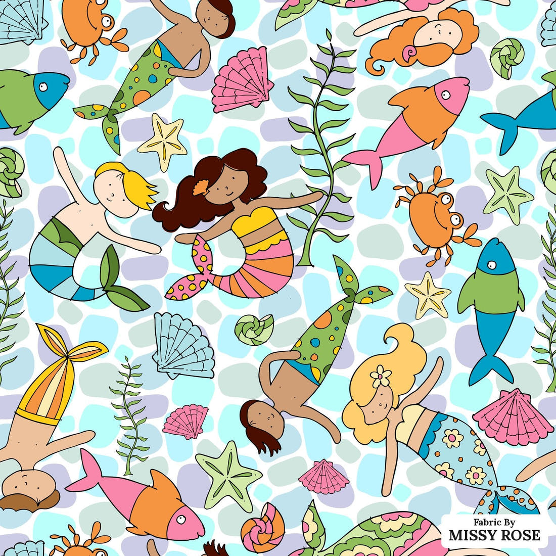 Design 973 Merfolk Fabric – flat view of the print, zoom in for detail | Fabric by Missy Rose