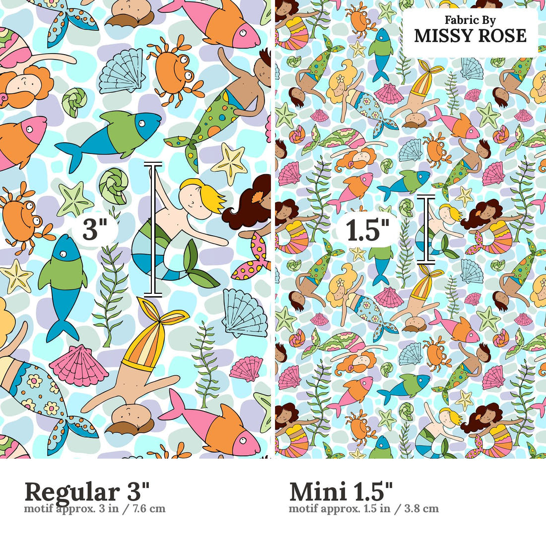 Design 973 Merfolk Fabric Regular 3 inch vs Mini 1.5 inch print scale side by side | Fabric by Missy Rose