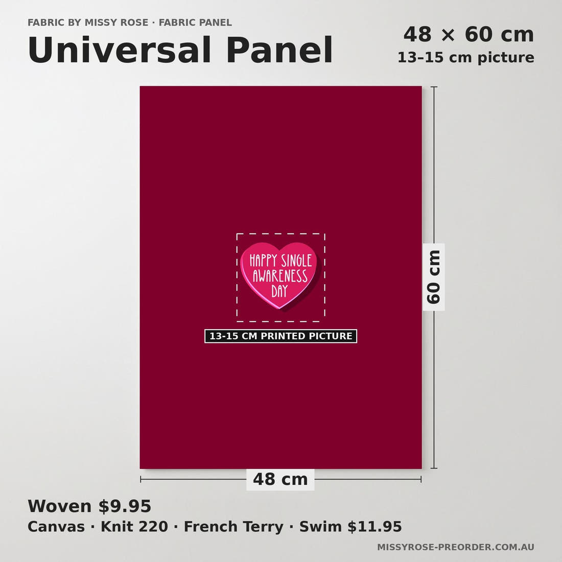 Design 974 Valentines Panel universal panel sizing – 13–15 cm printed picture on 48 × 60 cm fabric | Fabric by Missy Rose
