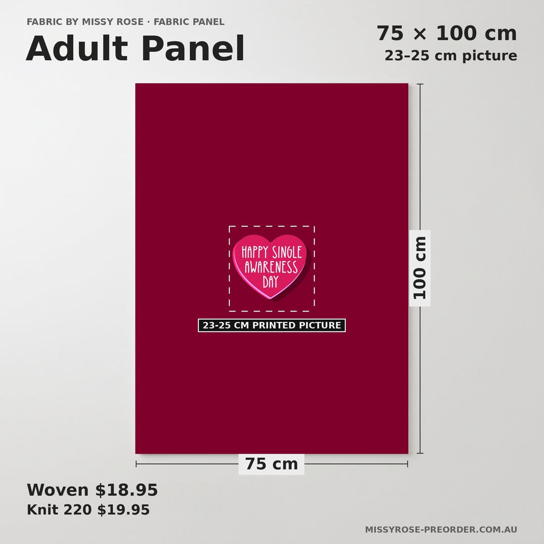 Design 974 Valentines Panel adult panel sizing – 23–25 cm printed picture on 75 × 100 cm fabric | Fabric by Missy Rose