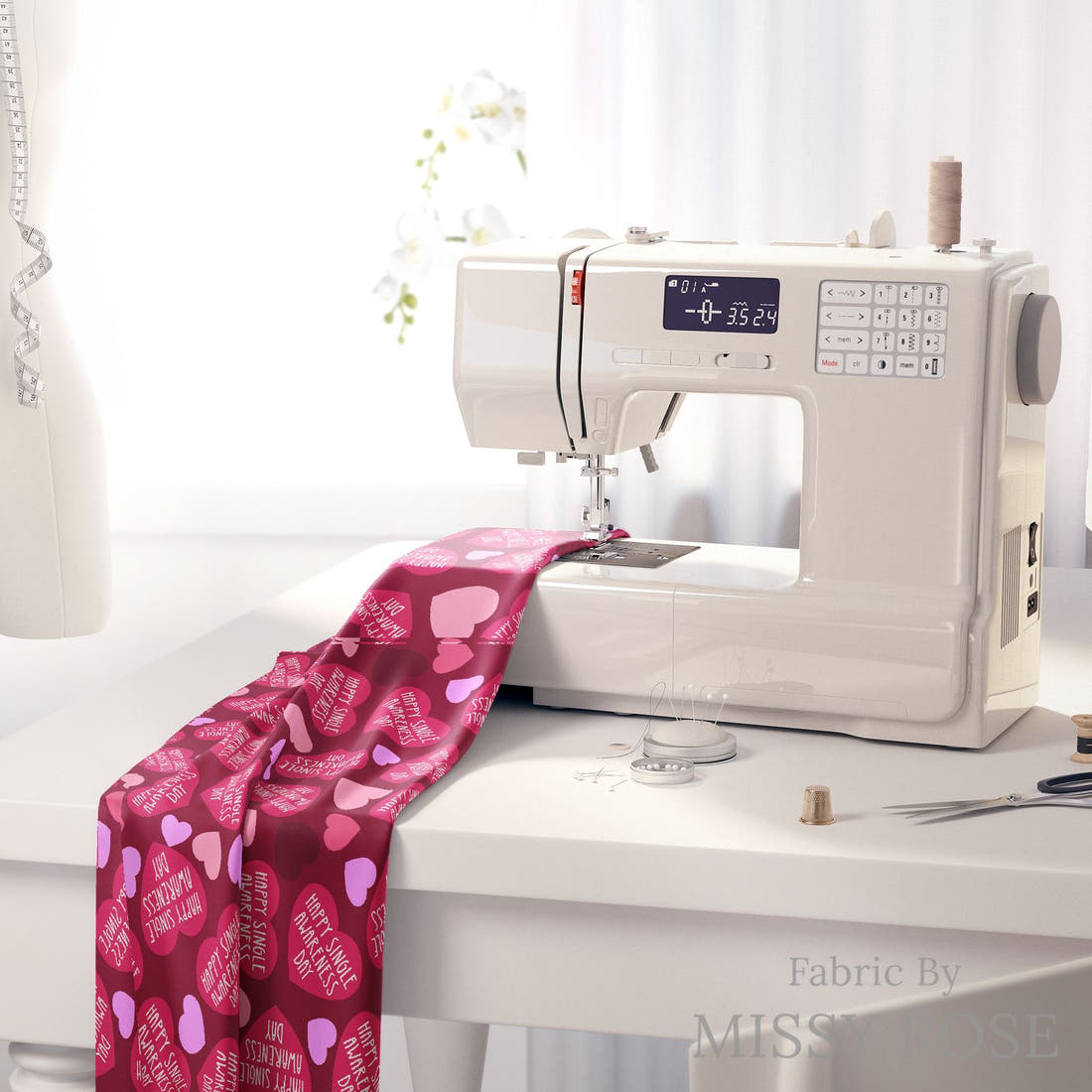 Design 974 Valentines Fabric on a sewing machine – premium fabric for sewing projects | Fabric by Missy Rose