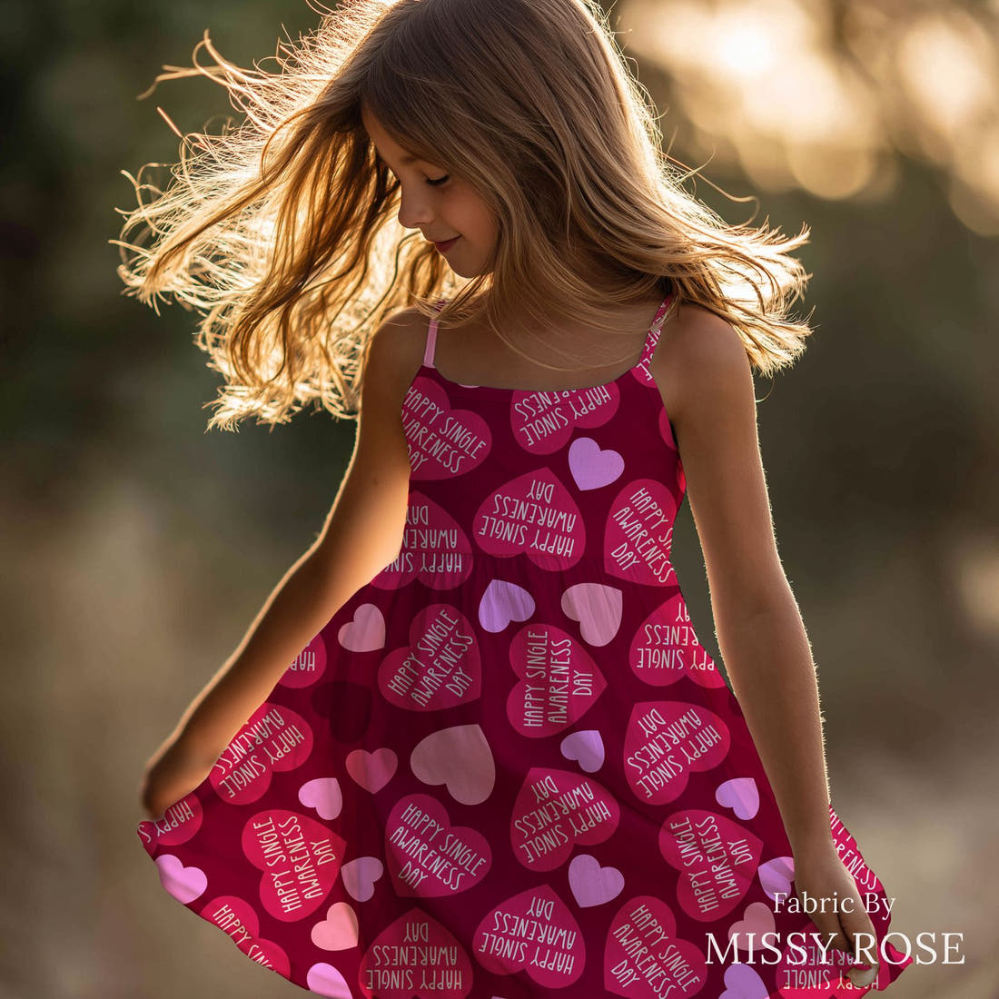 Design 974 Valentines Fabric sewn into a girls' dress – see how the print looks made up | Fabric by Missy Rose