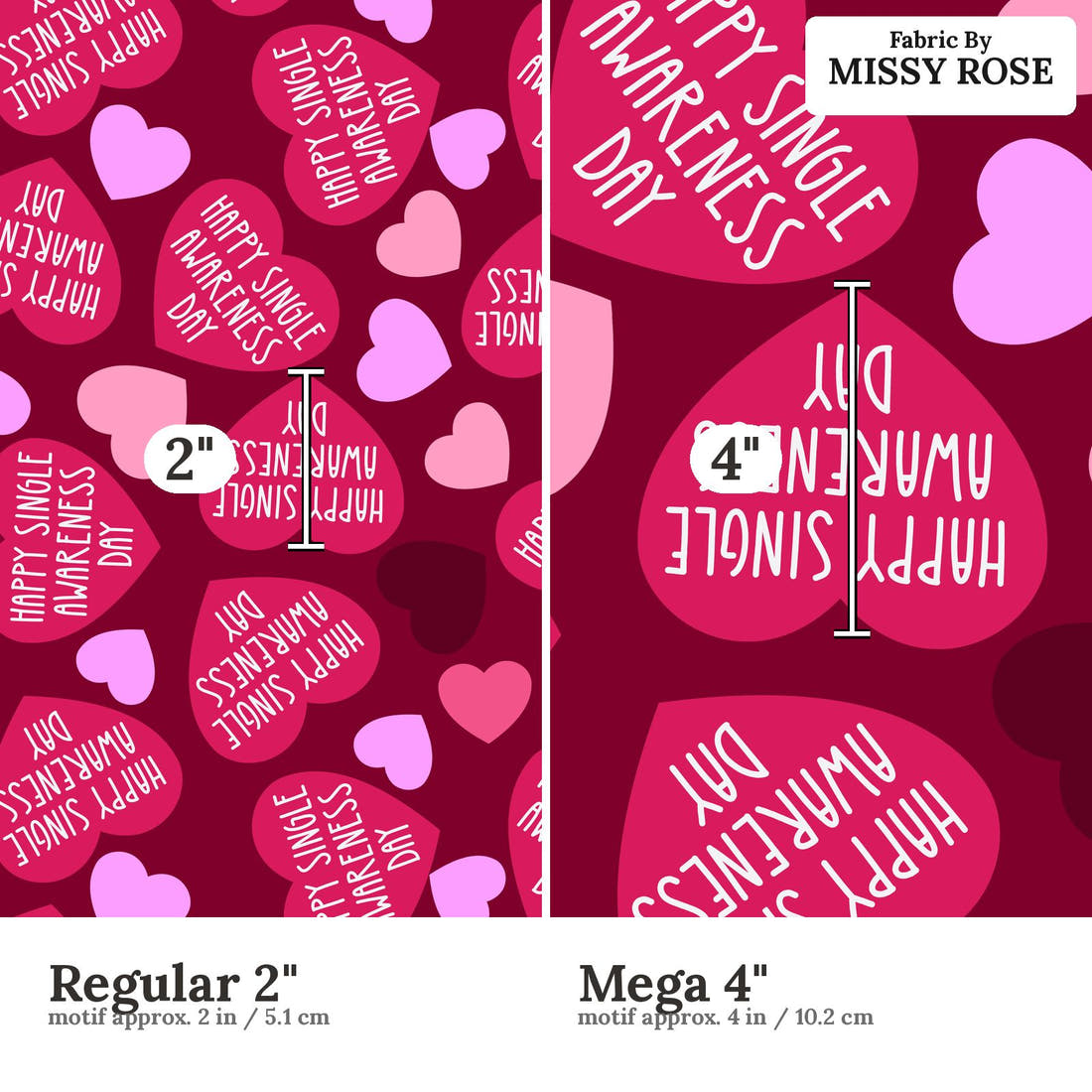 Design 974 Valentines Fabric Regular 2 inch vs Mega 4 inch print scale side by side | Fabric by Missy Rose