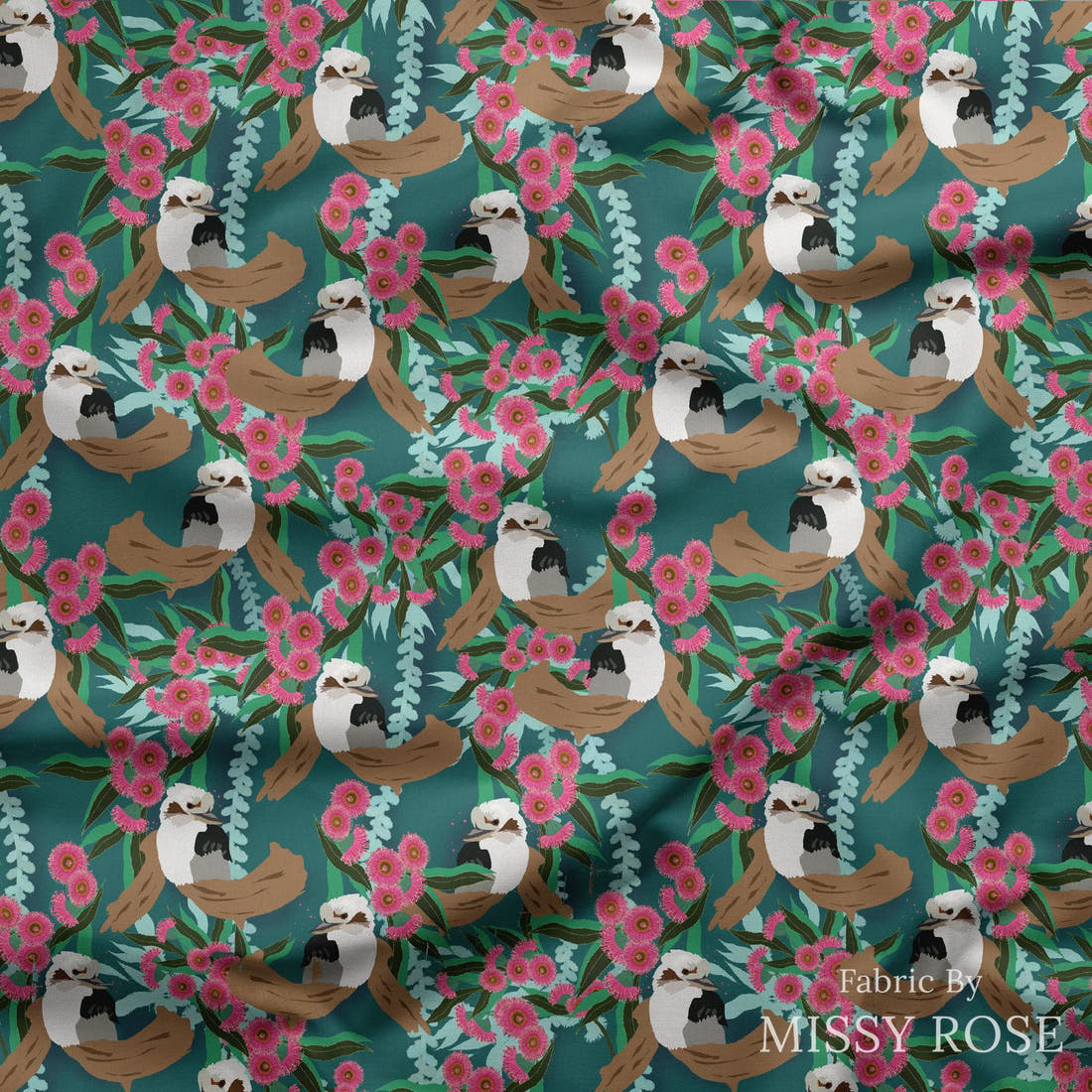 Design 975 Kookaburra Fabric draped fabric mockup – custom printed fabric by the metre | Fabric by Missy Rose