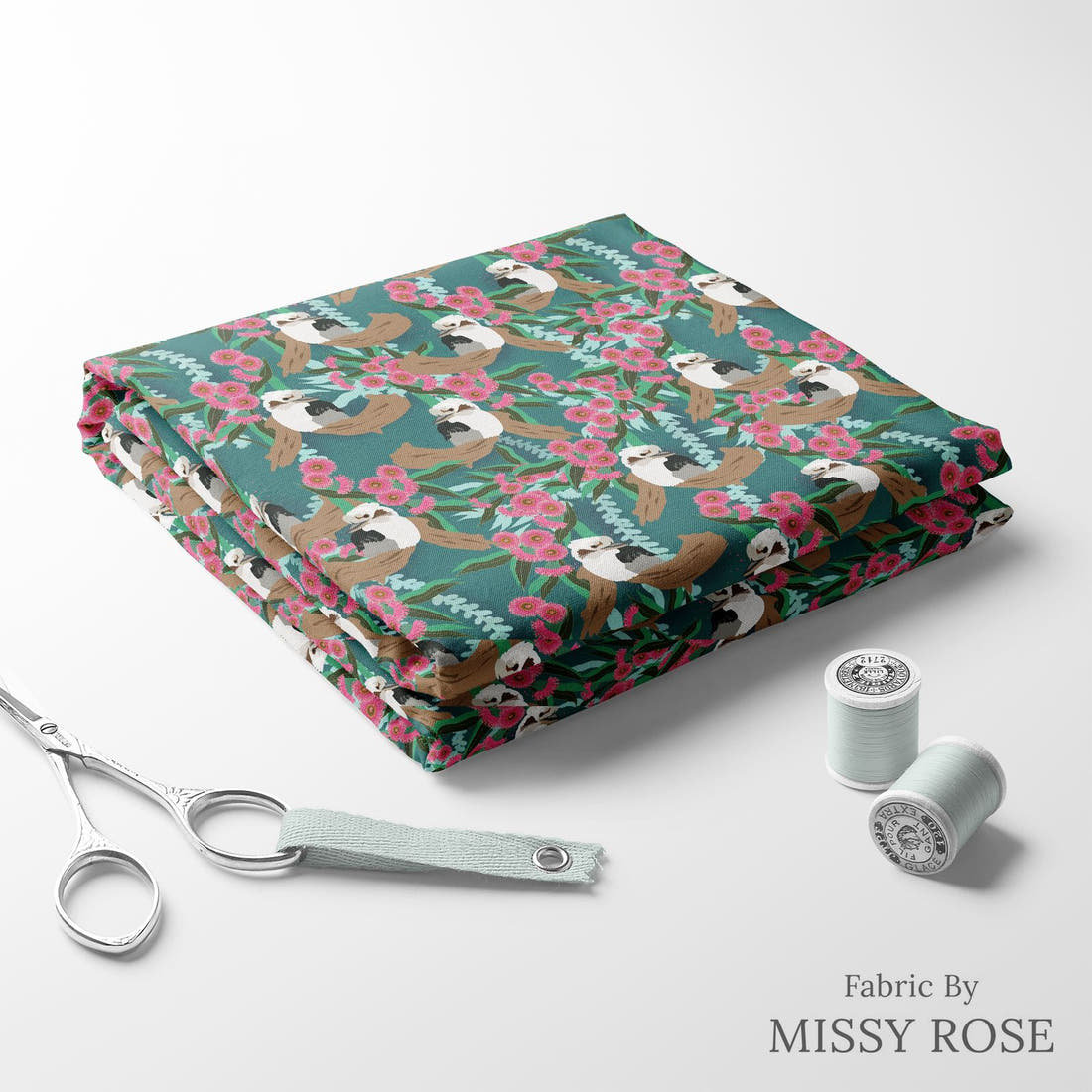 Design 975 Kookaburra Fabric folded fabric stack with matching thread – pre-order fabric Australia | Fabric by Missy Rose
