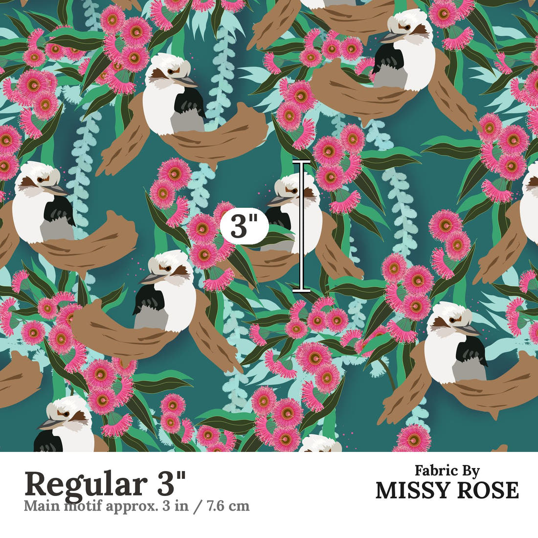 Design 975 Kookaburra Fabric Regular 3 inch print scale guide | Fabric by Missy Rose