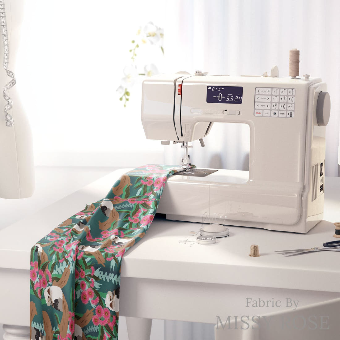 Design 975 Kookaburra Fabric on a sewing machine – premium fabric for sewing projects | Fabric by Missy Rose