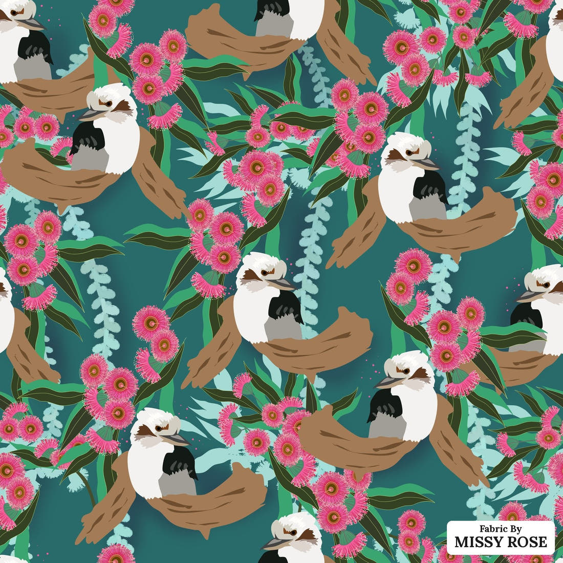 Design 975 Kookaburra Fabric – flat view of the print, zoom in for detail | Fabric by Missy Rose