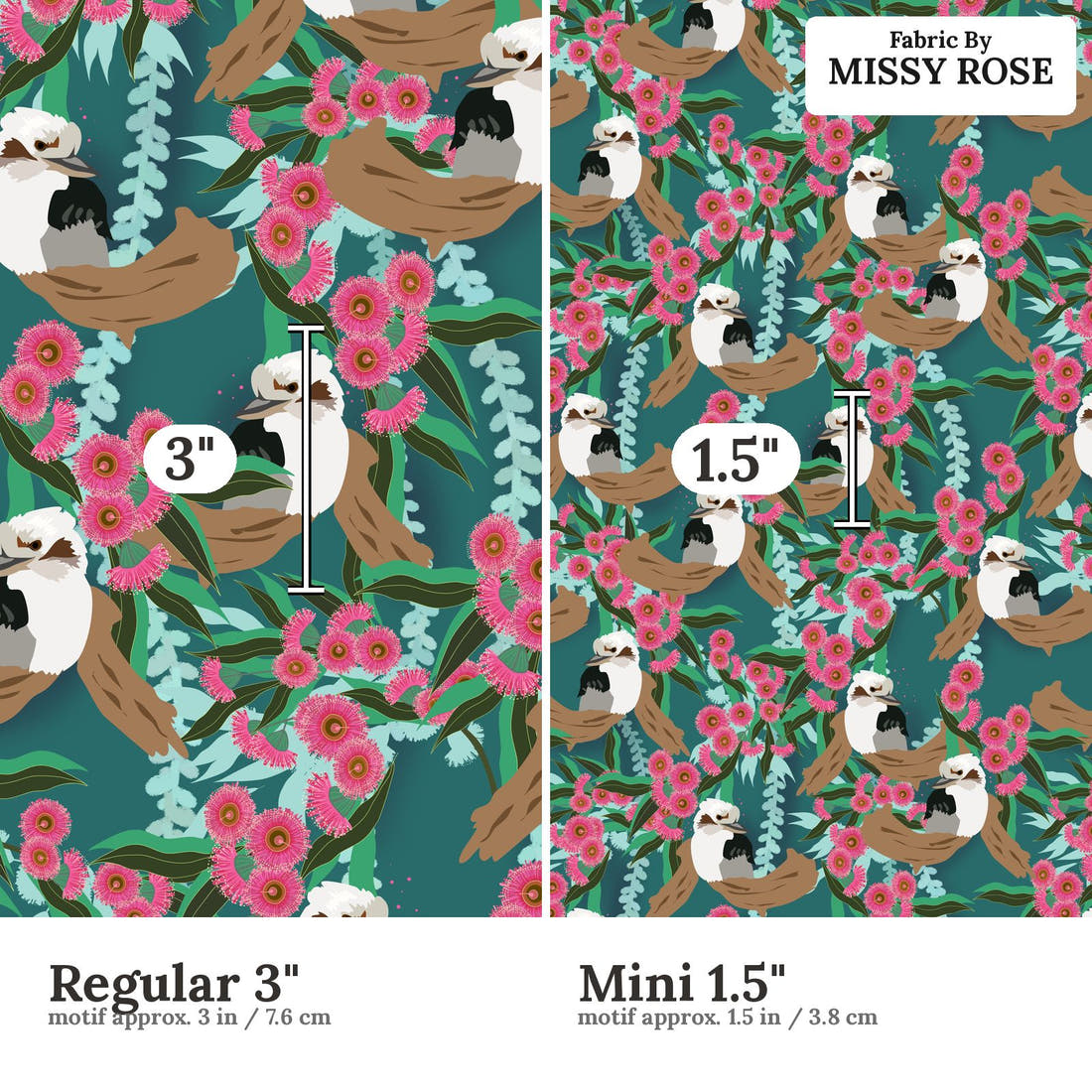 Design 975 Kookaburra Fabric Regular 3 inch vs Mini 1.5 inch print scale side by side | Fabric by Missy Rose