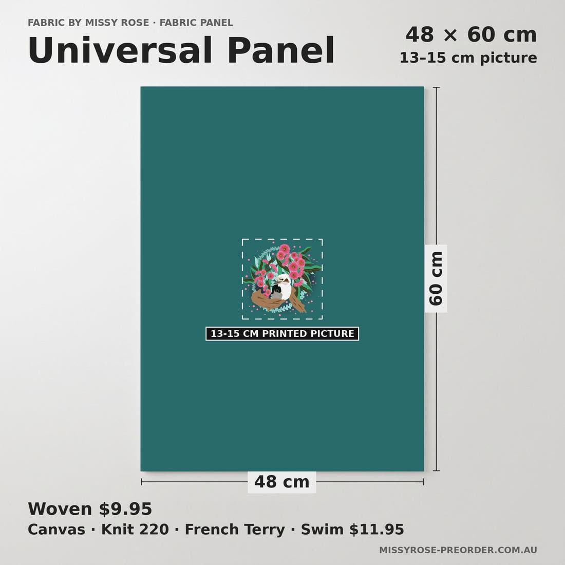 Design 975 Kookaburra Panel universal panel sizing – 13–15 cm printed picture on 48 × 60 cm fabric | Fabric by Missy Rose