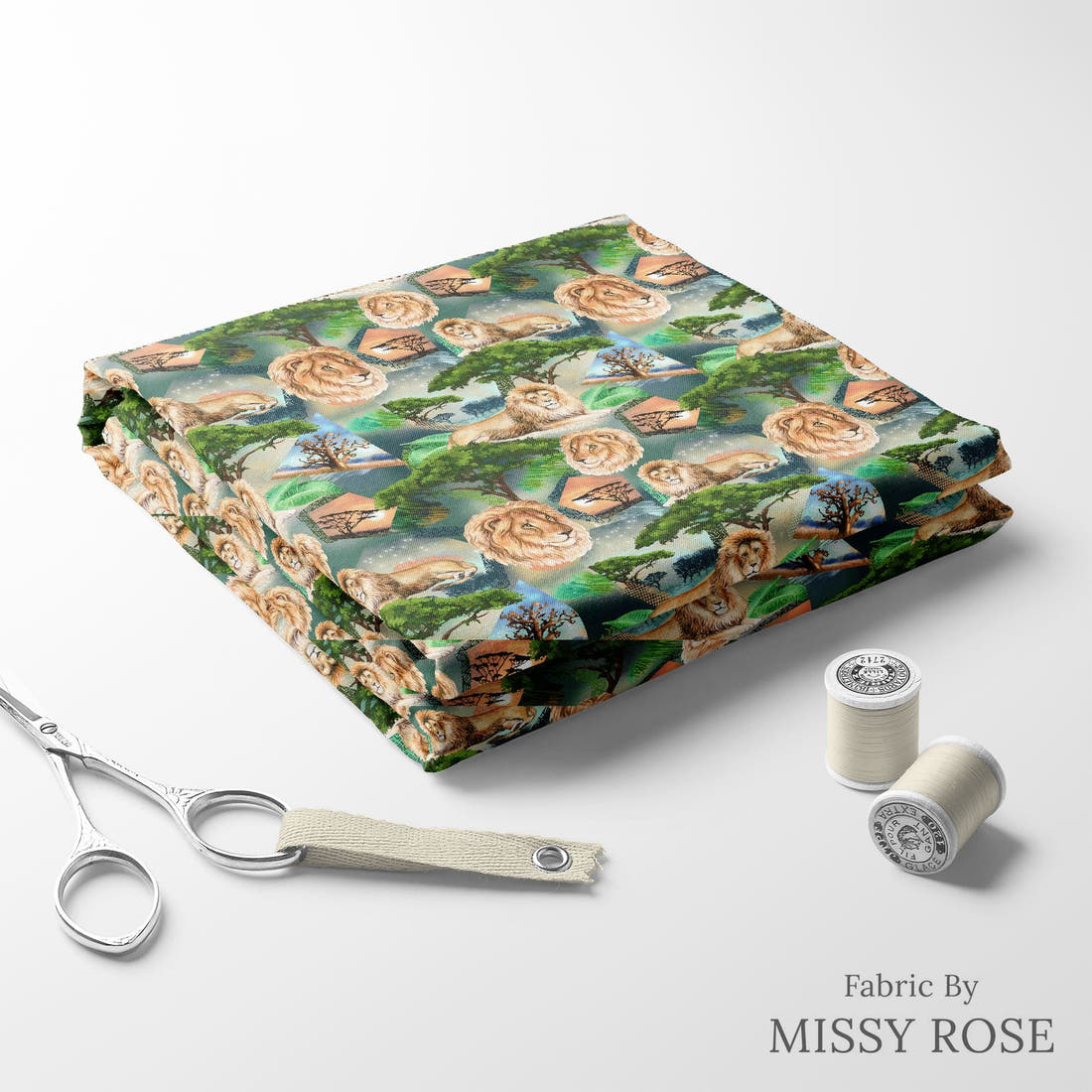 Design 976 Lion Fabric folded fabric stack with matching thread – pre-order fabric Australia | Fabric by Missy Rose