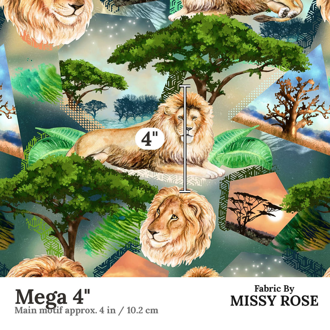 Design 976 Lion Fabric Mega 4 inch print scale guide | Fabric by Missy Rose