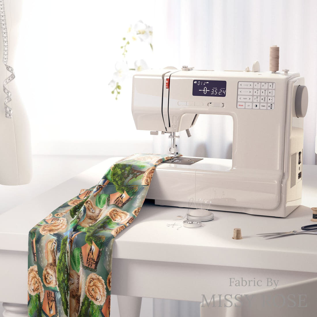 Design 976 Lion Fabric on a sewing machine – premium fabric for sewing projects | Fabric by Missy Rose