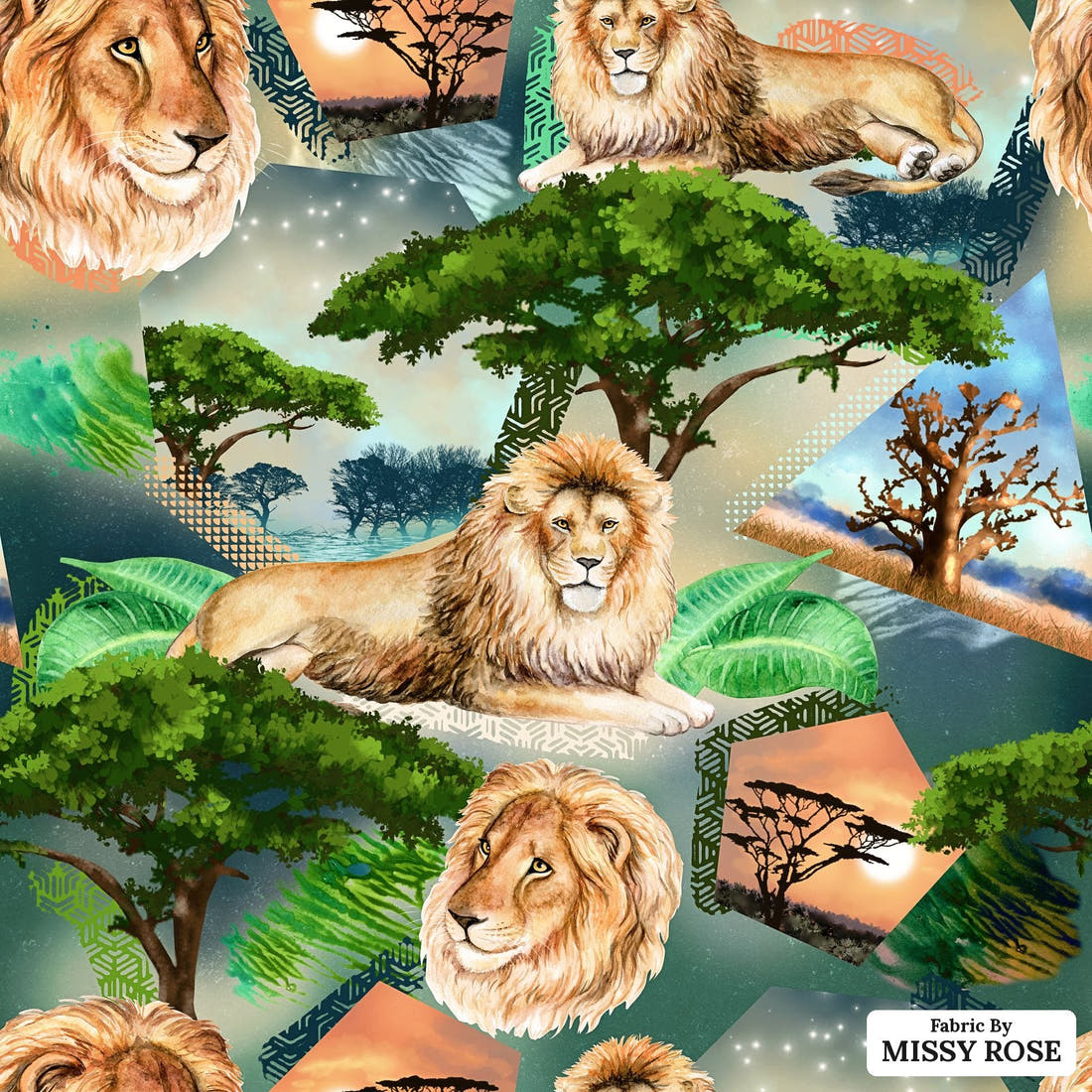 Design 976 Lion Fabric – flat view of the print, zoom in for detail | Fabric by Missy Rose