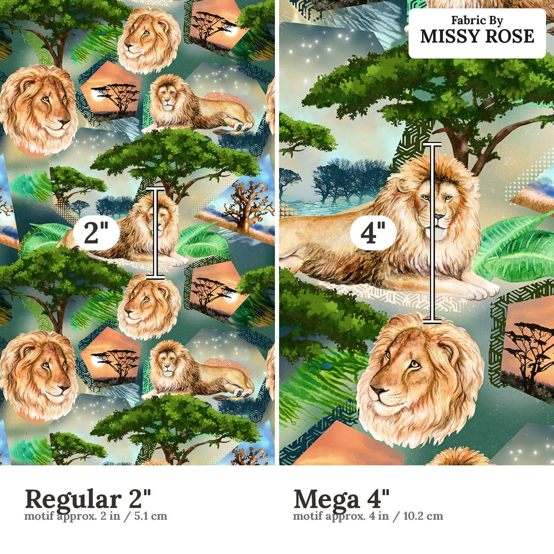 Design 976 Lion Fabric Regular 2 inch vs Mega 4 inch print scale side by side | Fabric by Missy Rose