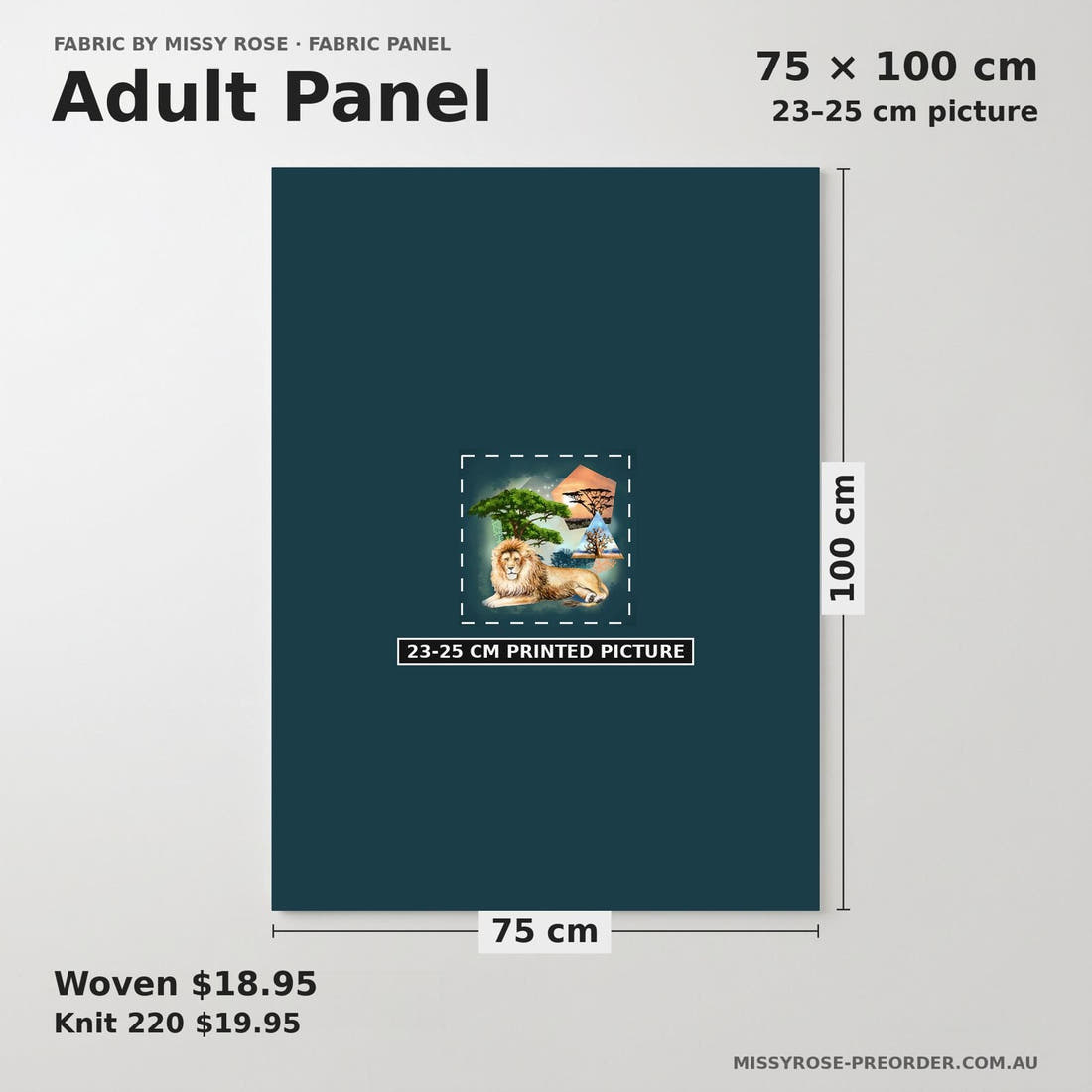 Design 976 Lion Panel adult panel sizing – 23–25 cm printed picture on 75 × 100 cm fabric | Fabric by Missy Rose