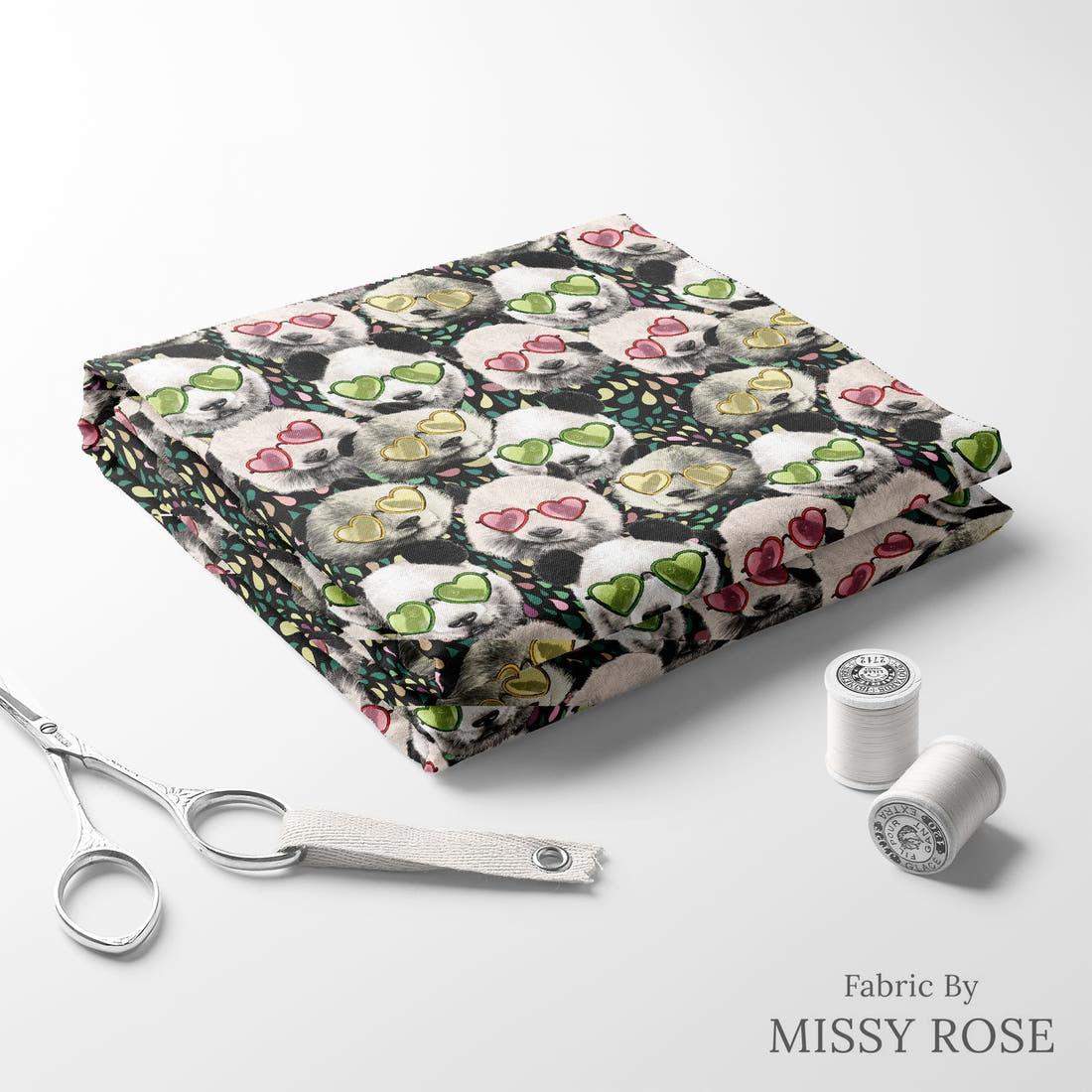 Design 977 Panda Fabric folded fabric stack with matching thread – pre-order fabric Australia | Fabric by Missy Rose