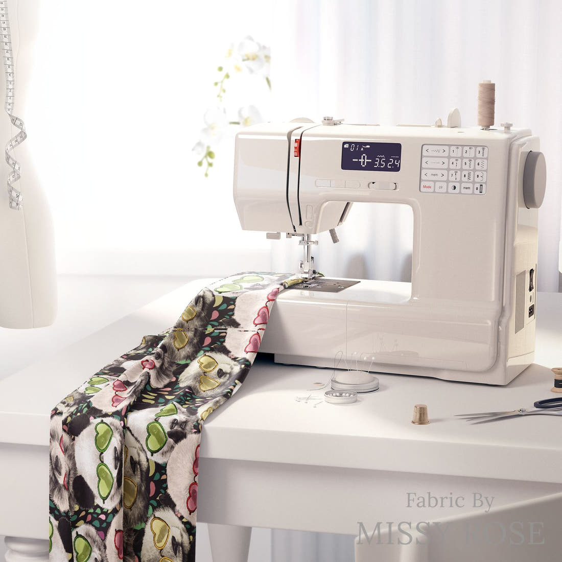 Design 977 Panda Fabric on a sewing machine – premium fabric for sewing projects | Fabric by Missy Rose