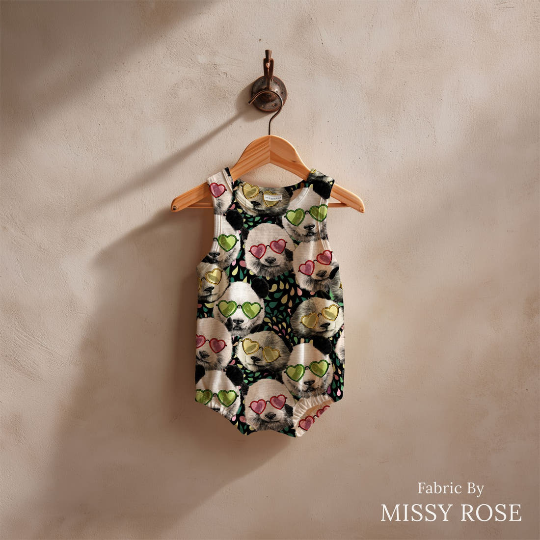 Design 977 Panda Fabric sewn into a baby romper – see how the print looks made up | Fabric by Missy Rose