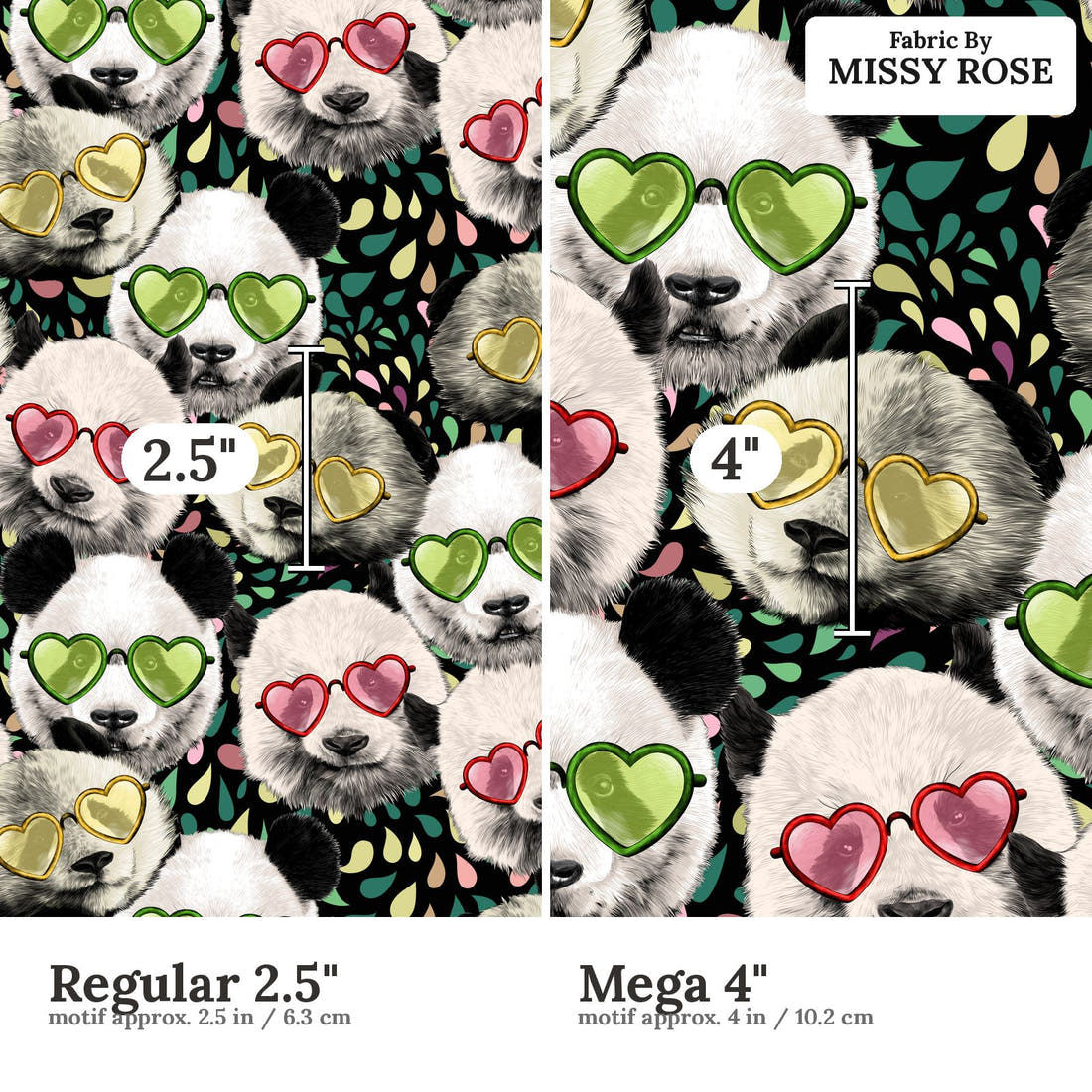 Design 977 Panda Fabric Regular 2.5 inch vs Mega 4 inch print scale side by side | Fabric by Missy Rose