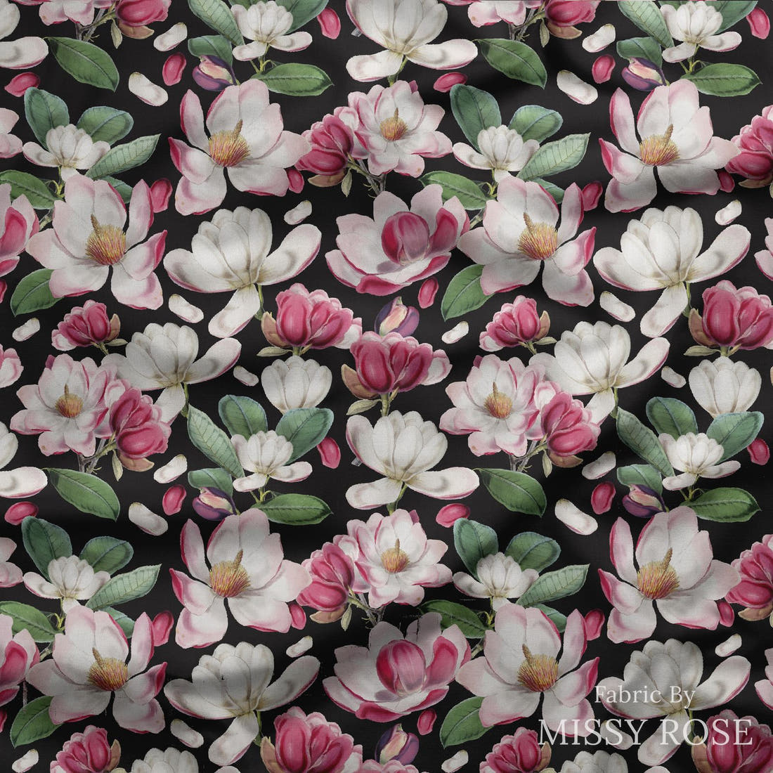 Design 978 Magnolia Floral Fabric draped fabric mockup – custom printed fabric by the metre | Fabric by Missy Rose
