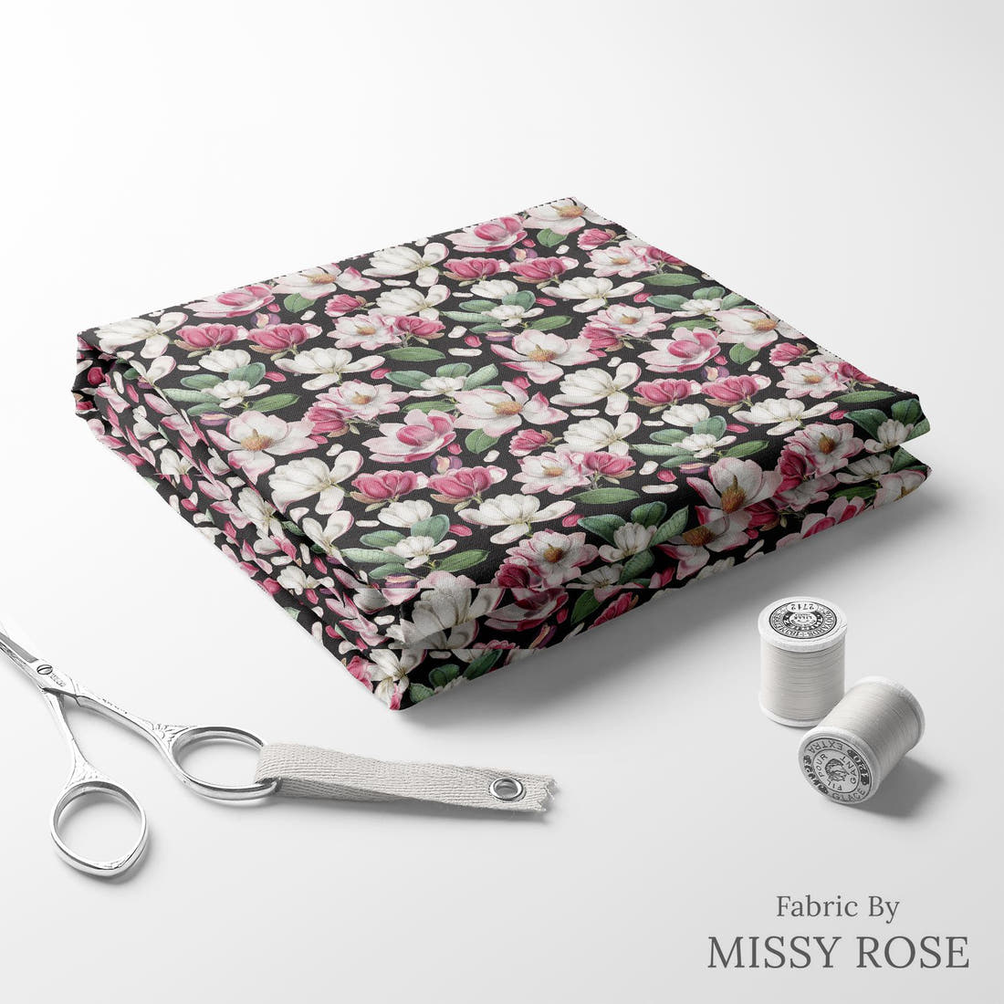 Design 978 Magnolia Floral Fabric folded fabric stack with matching thread – pre-order fabric Australia | Fabric by Missy Rose