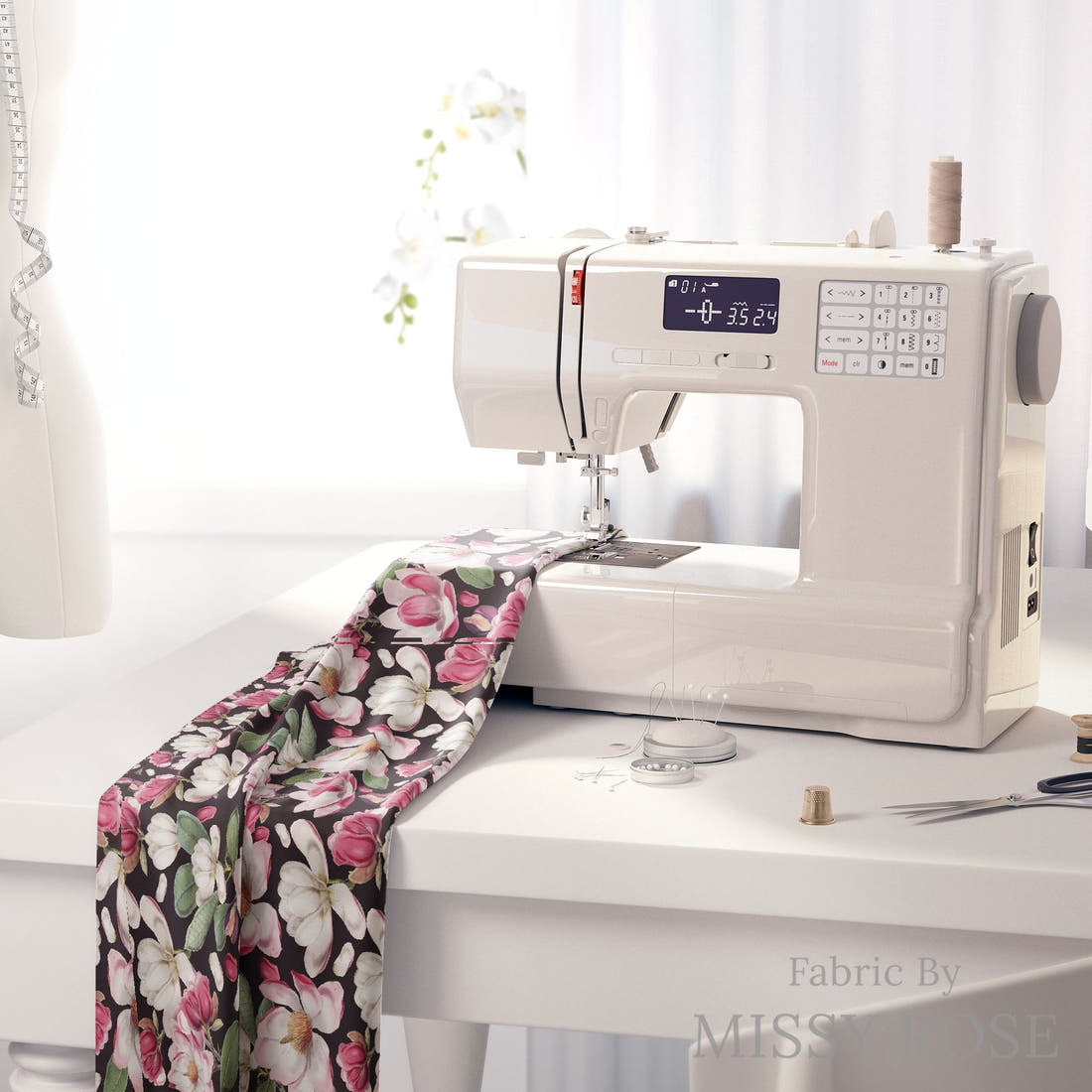 Design 978 Magnolia Floral Fabric on a sewing machine – premium fabric for sewing projects | Fabric by Missy Rose