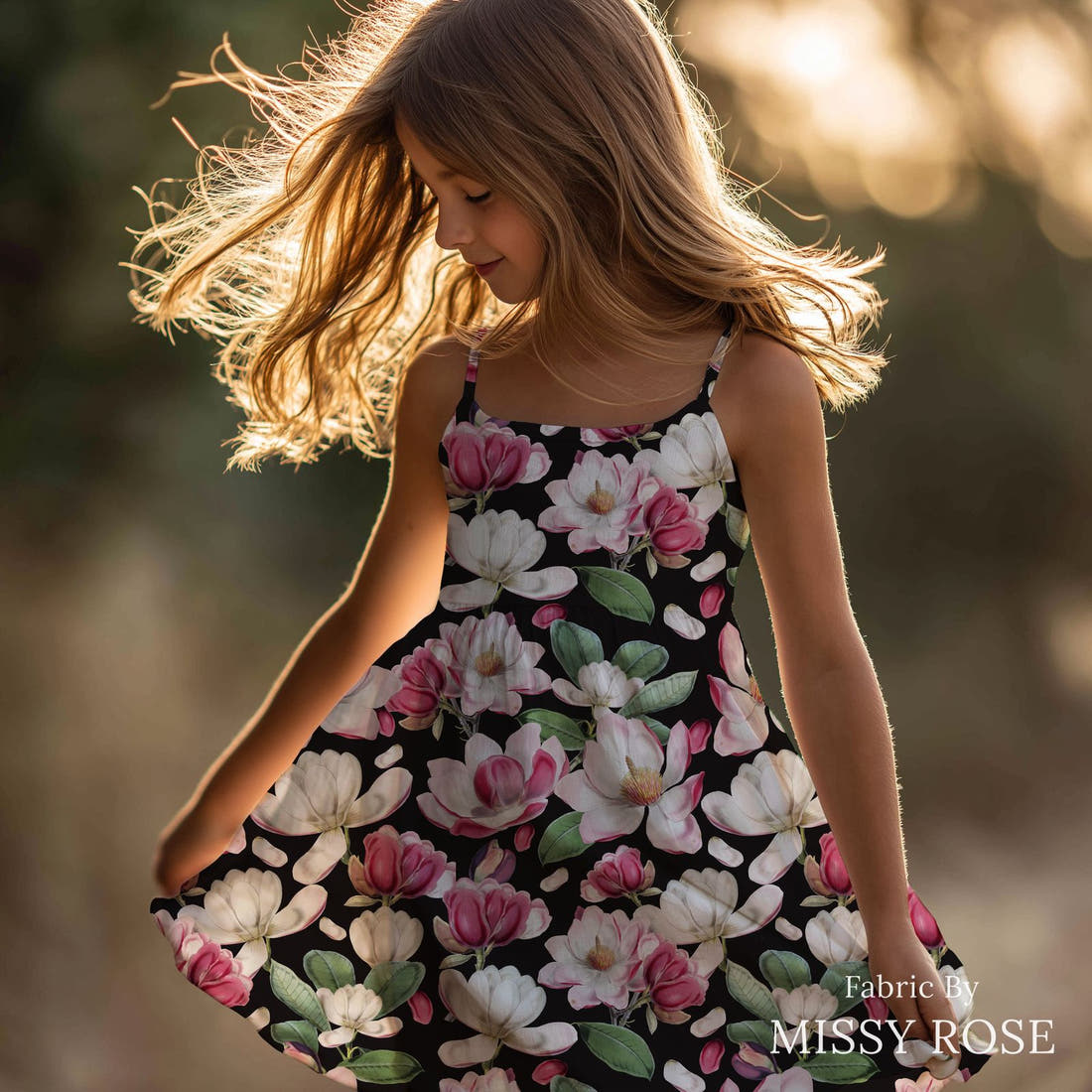 Design 978 Magnolia Floral Fabric sewn into a girls' dress – see how the print looks made up | Fabric by Missy Rose