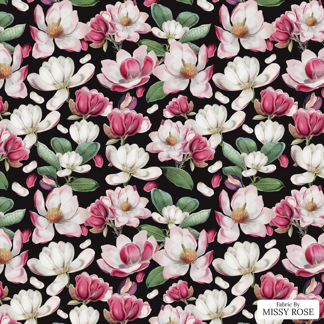Design 978 Magnolia Floral Fabric – flat view of the print, zoom in for detail | Fabric by Missy Rose