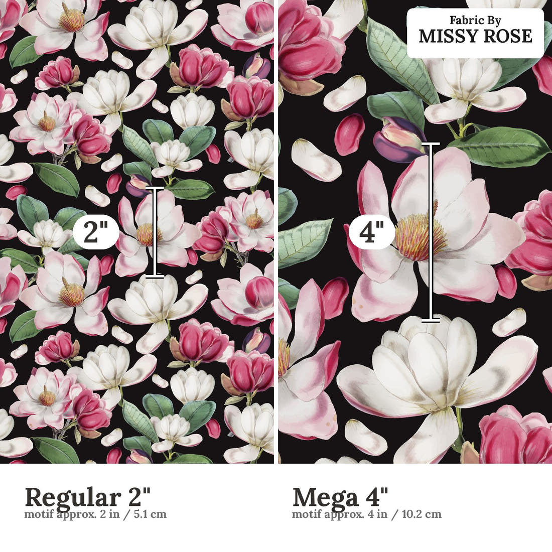 Design 978 Magnolia Floral Fabric Regular 2 inch vs Mega 4 inch print scale side by side | Fabric by Missy Rose