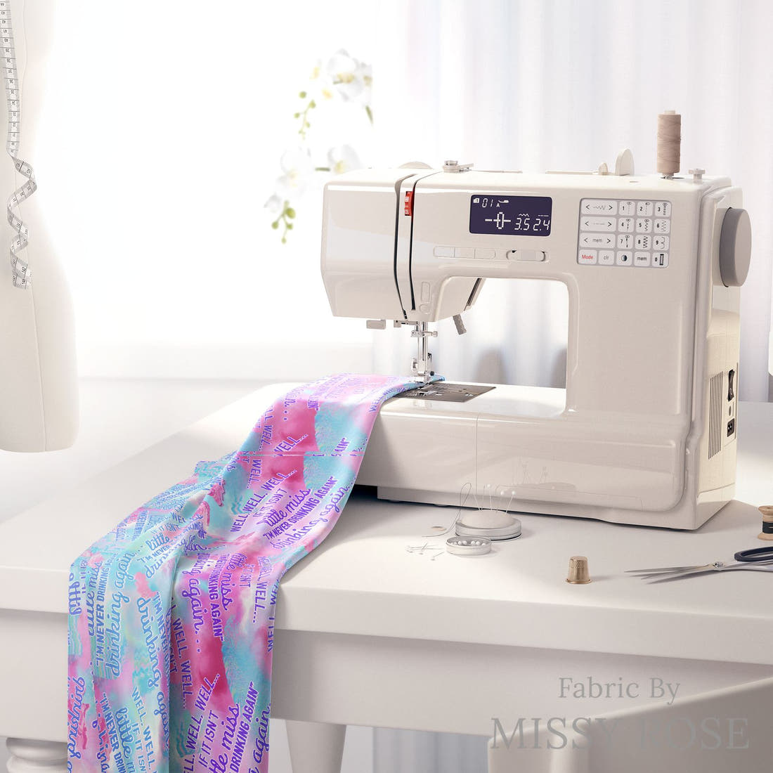Design 979 Drinking Fabric on a sewing machine – premium fabric for sewing projects | Fabric by Missy Rose