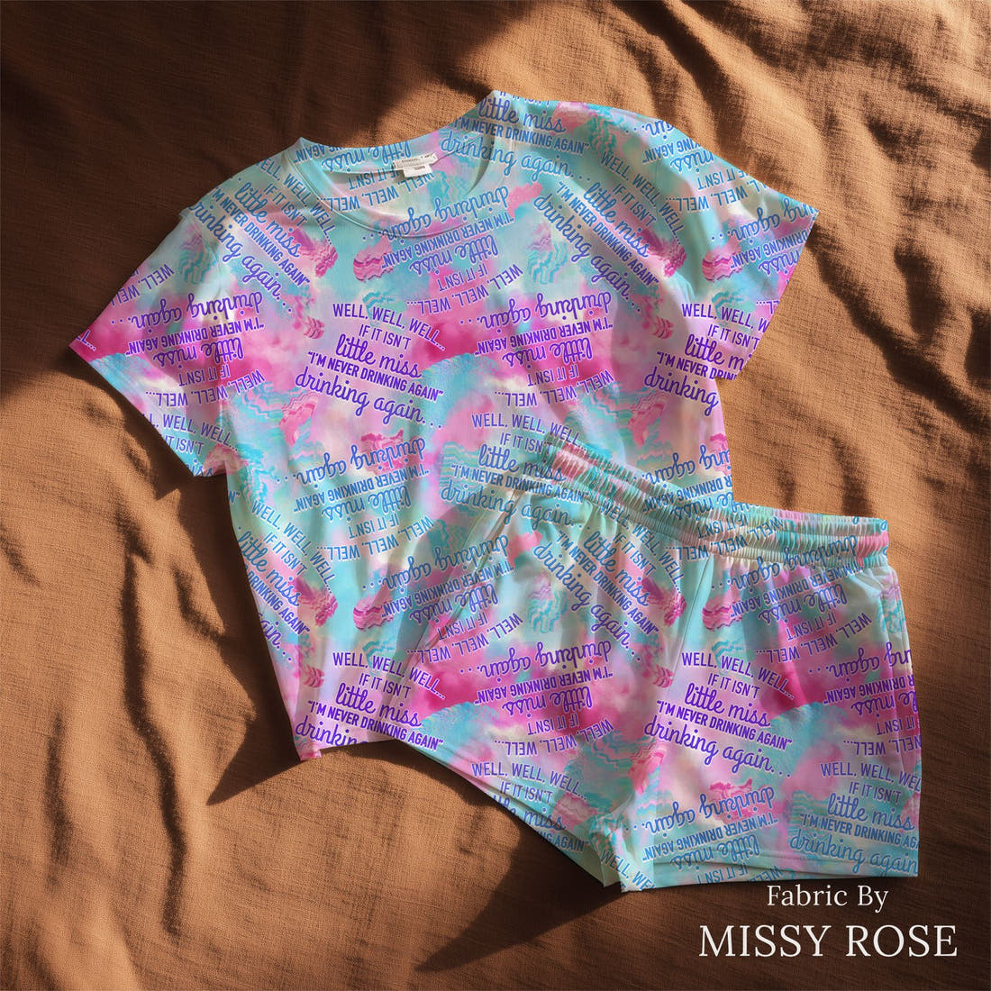 Design 979 Drinking Fabric sewn into a lounge set – see how the print looks made up | Fabric by Missy Rose