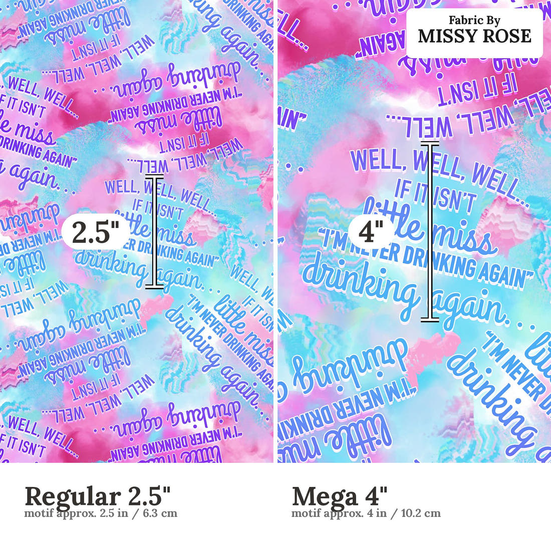 Design 979 Drinking Fabric Regular 2.5 inch vs Mega 4 inch print scale side by side | Fabric by Missy Rose