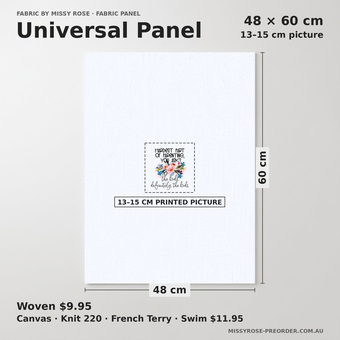 Design 98 Parenting Panel universal panel sizing – 13–15 cm printed picture on 48 × 60 cm fabric | Fabric by Missy Rose