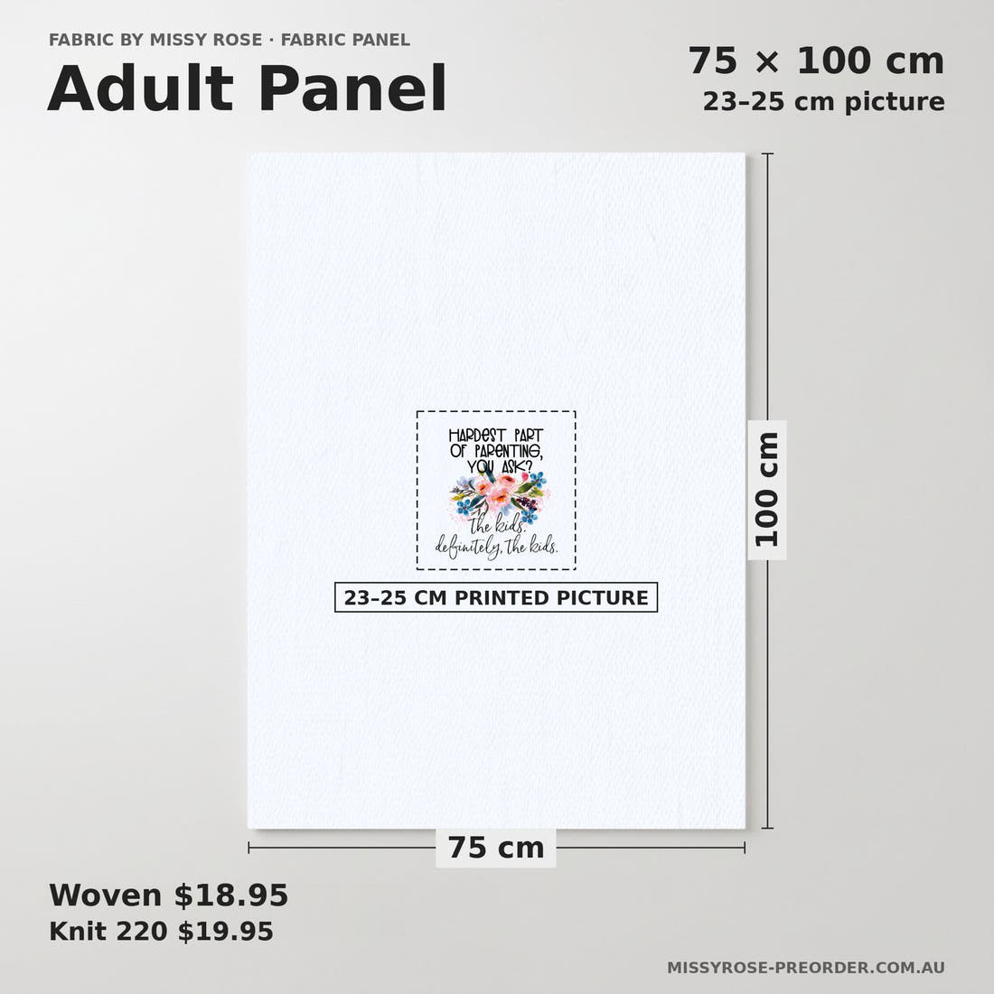 Design 98 Parenting Panel adult panel sizing – 23–25 cm printed picture on 75 × 100 cm fabric | Fabric by Missy Rose