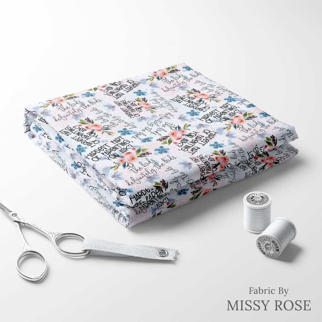 Design 98 Parenting Fabric folded fabric stack with matching thread – pre-order fabric Australia | Fabric by Missy Rose