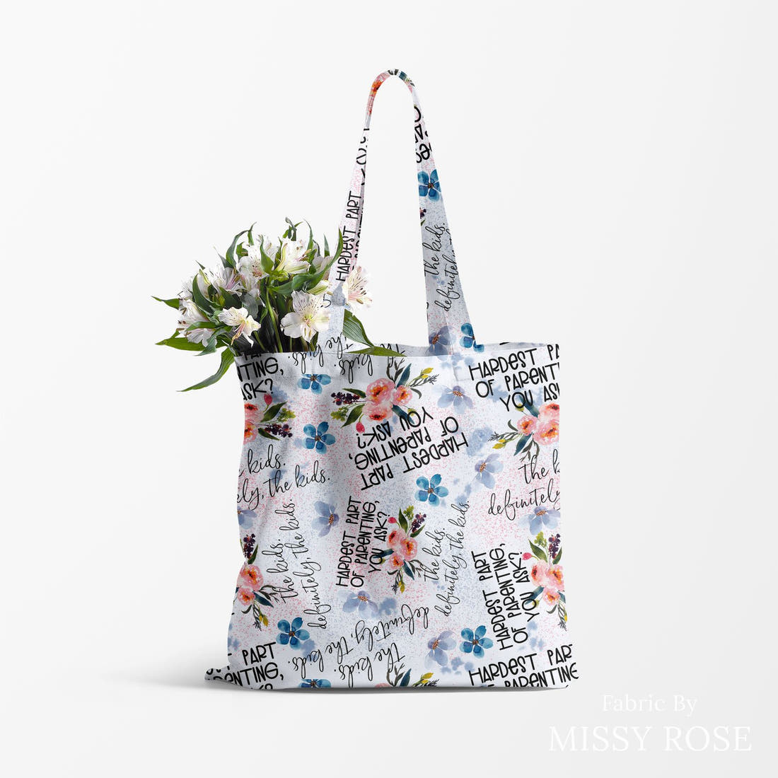 Design 98 Parenting Fabric made up as a tote bag – see how the print looks made up | Fabric by Missy Rose