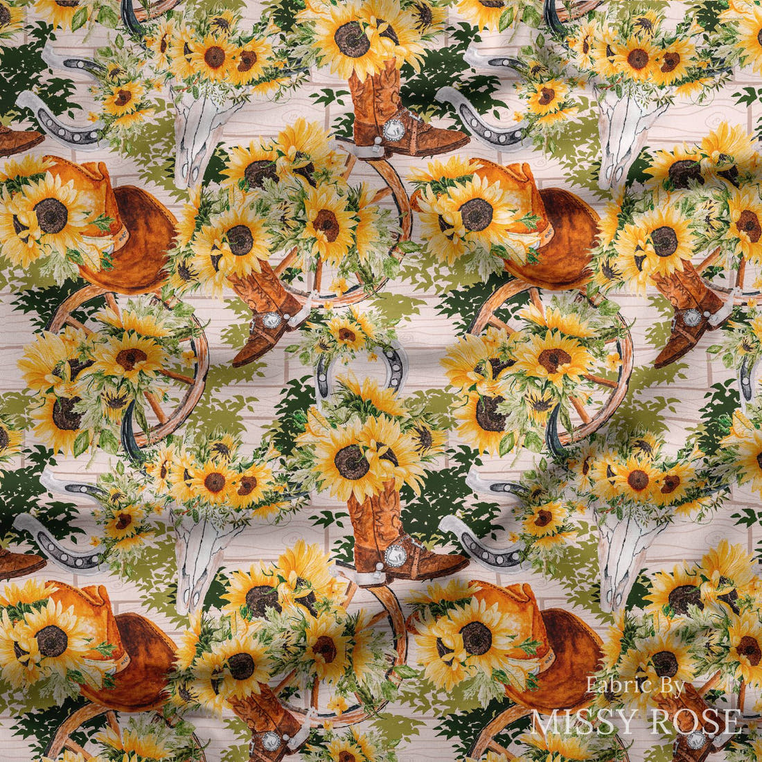 Design 980 Sunflower Cowgirl Fabric draped fabric mockup – custom printed fabric by the metre | Fabric by Missy Rose