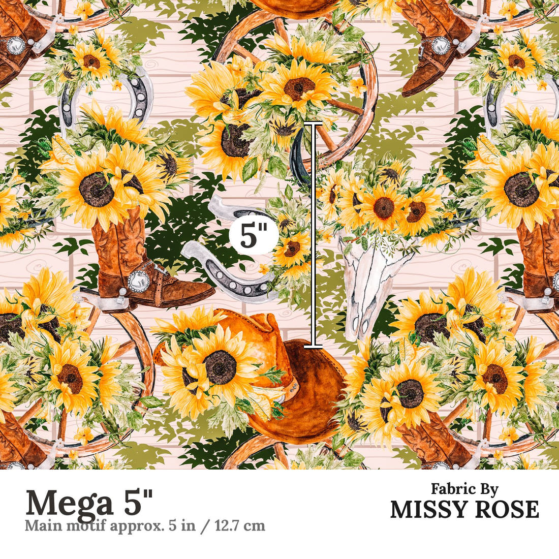 Design 980 Sunflower Cowgirl Fabric Mega 5 inch print scale guide | Fabric by Missy Rose