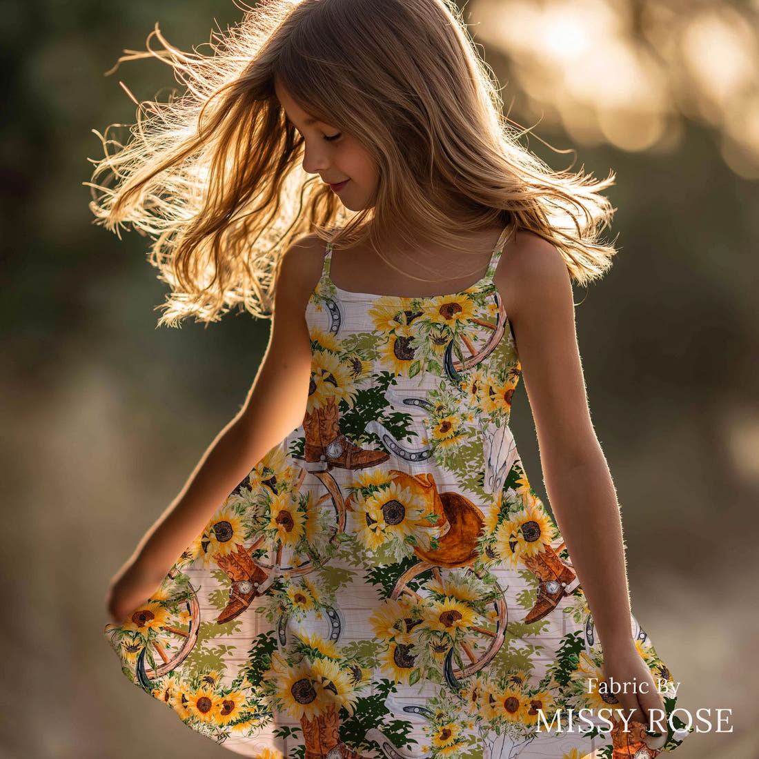 Design 980 Sunflower Cowgirl Fabric sewn into a girls' dress – see how the print looks made up | Fabric by Missy Rose