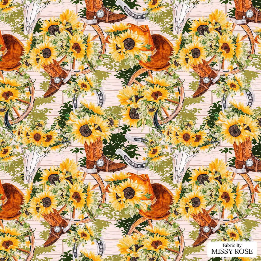 Design 980 Sunflower Cowgirl Fabric – flat view of the print, zoom in for detail | Fabric by Missy Rose