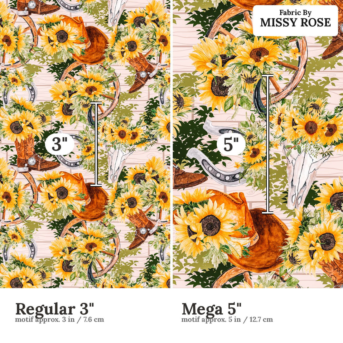 Design 980 Sunflower Cowgirl Fabric Regular 3 inch vs Mega 5 inch print scale side by side | Fabric by Missy Rose