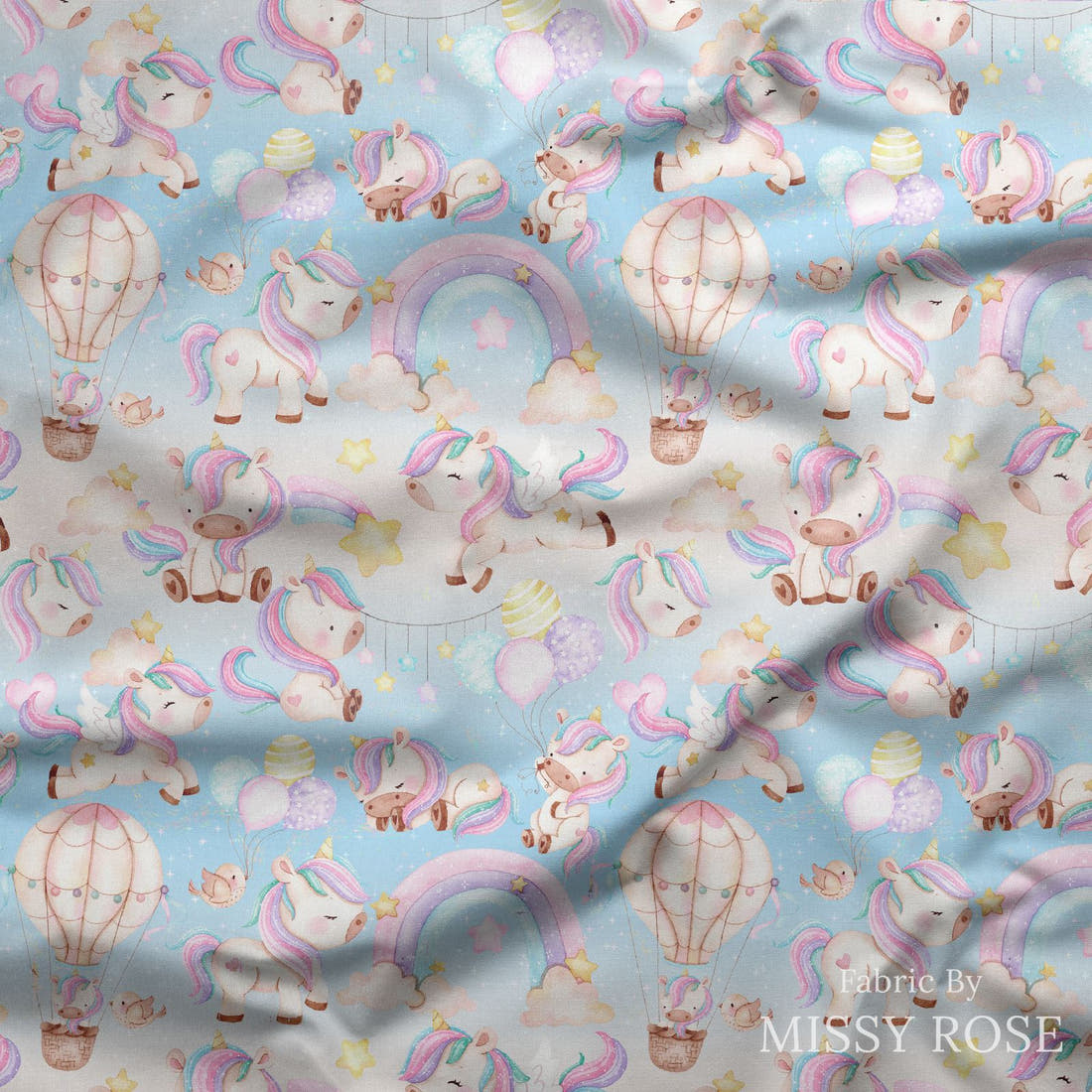 Design 981 Unicorn Air Balloon Fabric draped fabric mockup – custom printed fabric by the metre | Fabric by Missy Rose