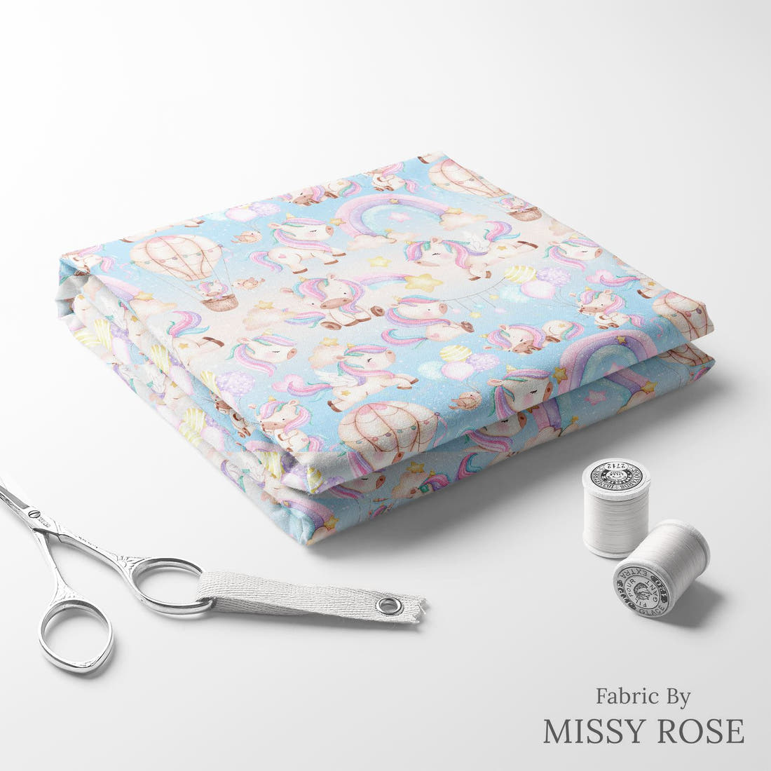 Design 981 Unicorn Air Balloon Fabric folded fabric stack with matching thread – pre-order fabric Australia | Fabric by Missy Rose